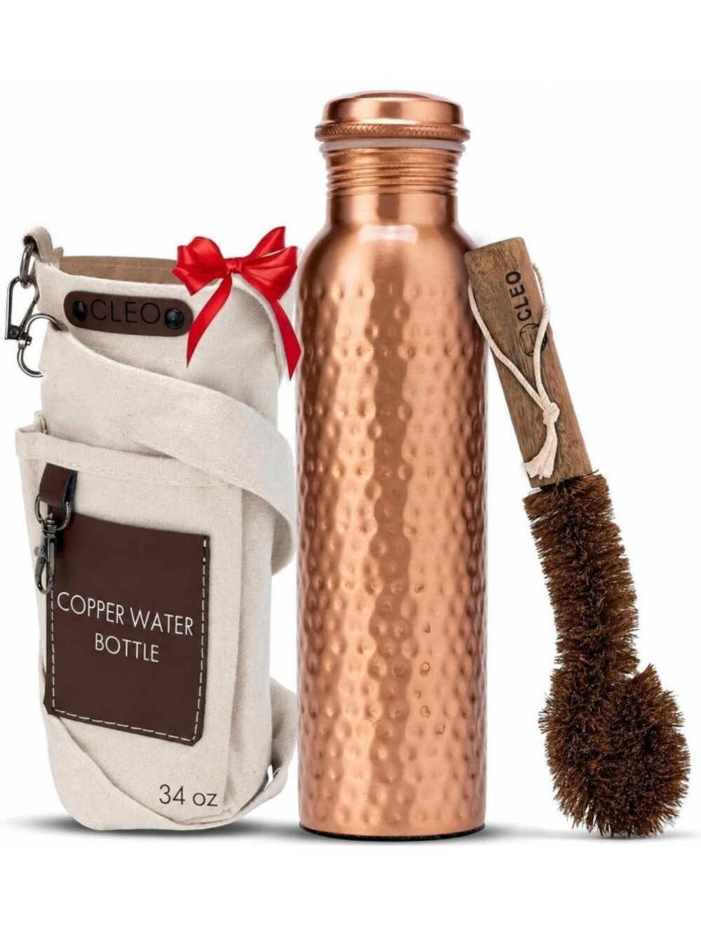 34 Oz Hammered Copper Water Bottle - Eco-Friendly, Leak-Proof, Ayurvedic, Travel